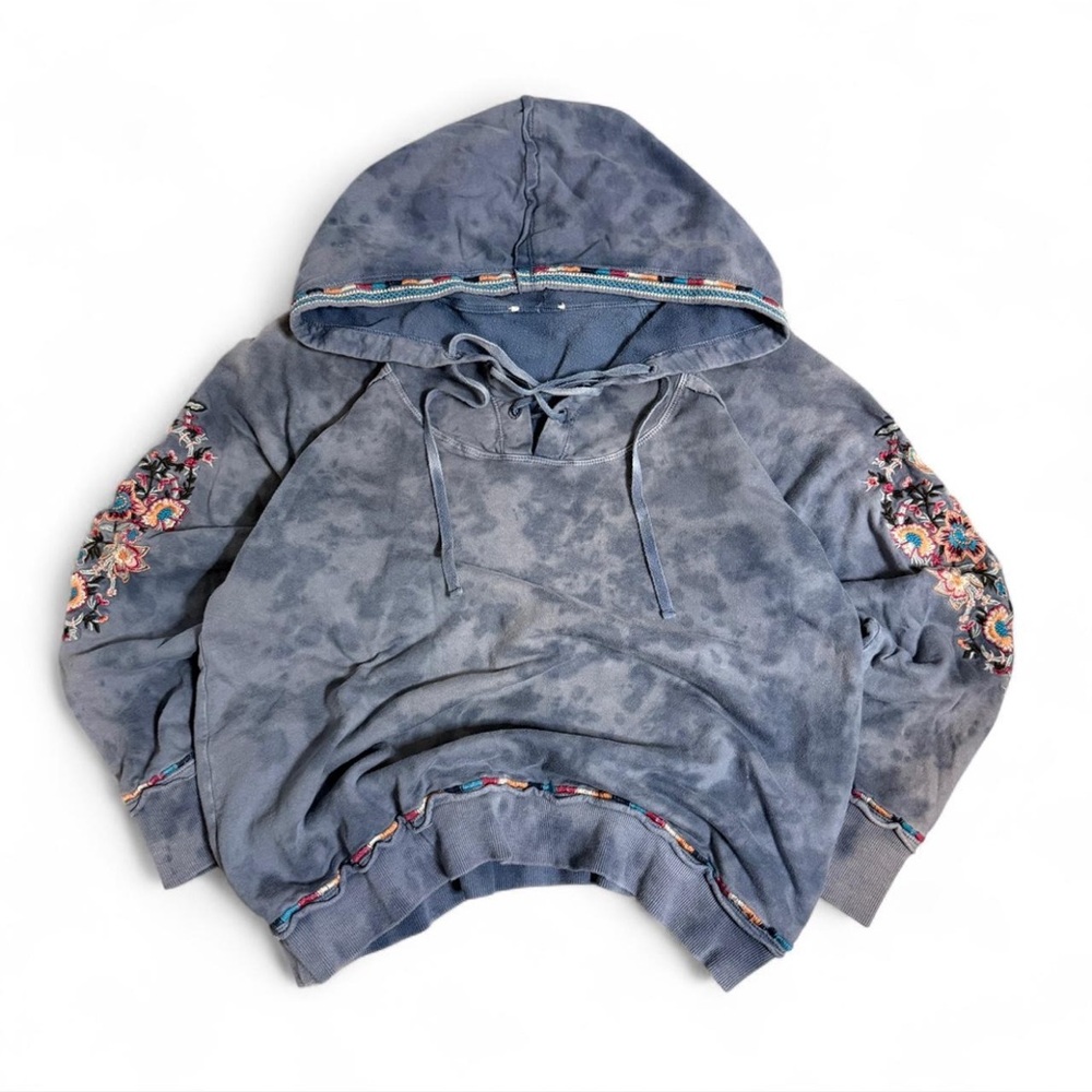 Sundance Y2K Floral Embroidered Hoodie Pullover Tie Dye Distressed Blue Boho